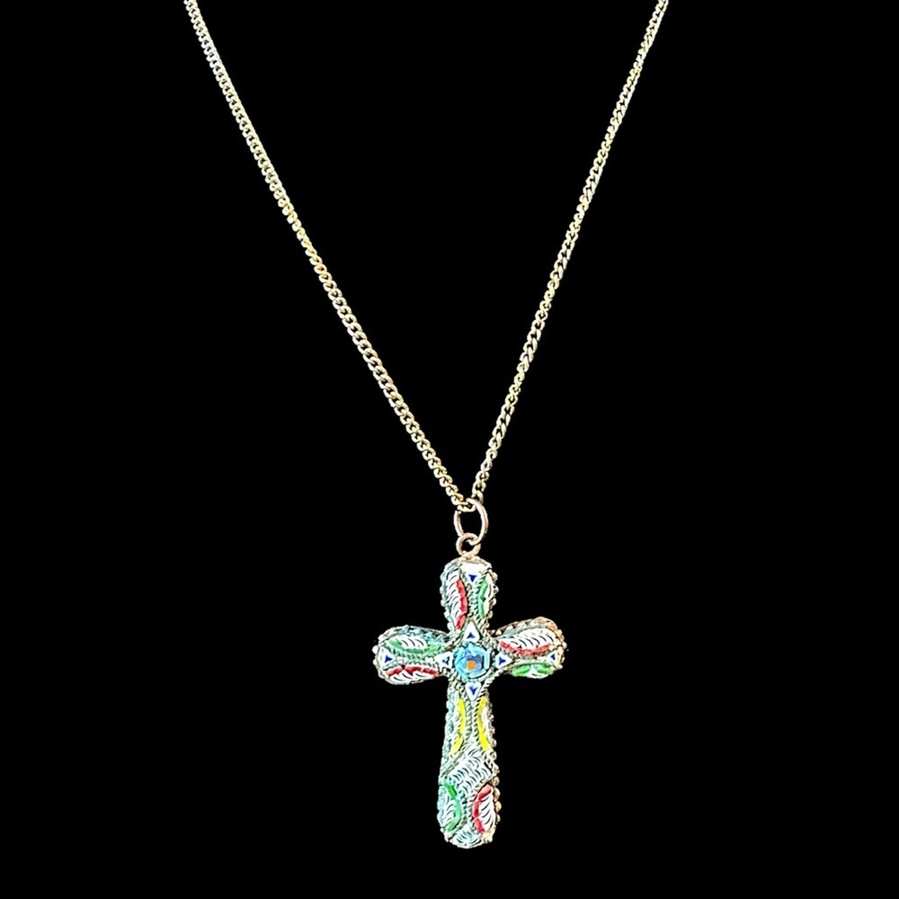 Vintage Mosaic Cross Necklace 20” Chain